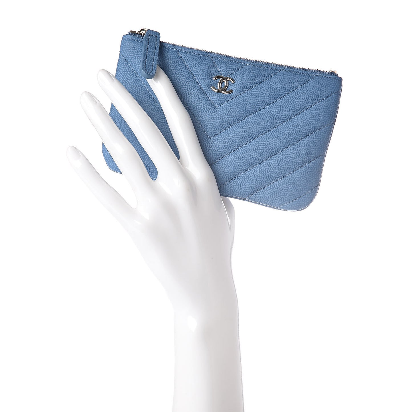 Caviar Flat Chevron Quilted Small Cosmetic Case Blue