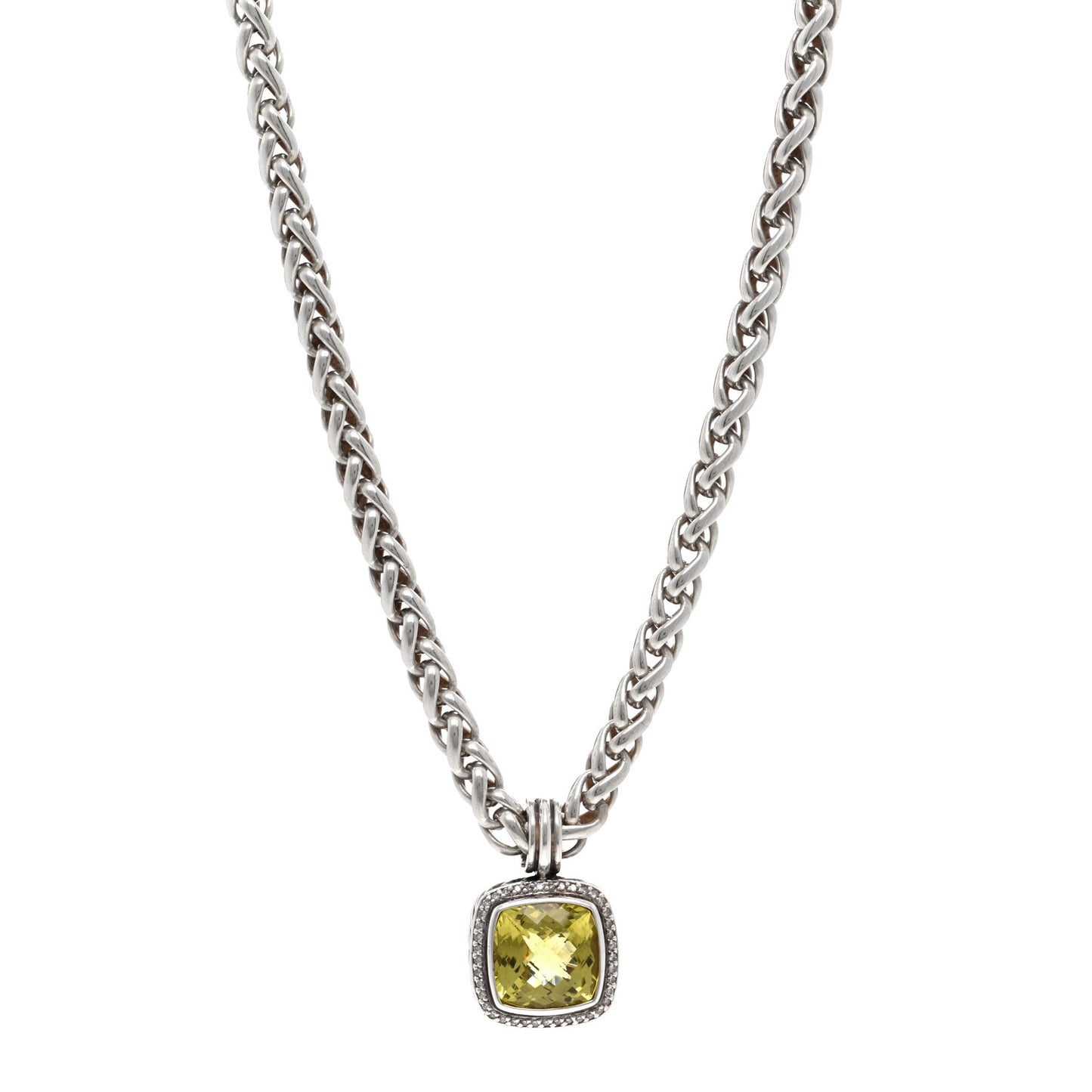 Sterling Silver 14K Yellow Gold Diamond Lemon Citrine Albion Pendant Wheat Chain Necklace