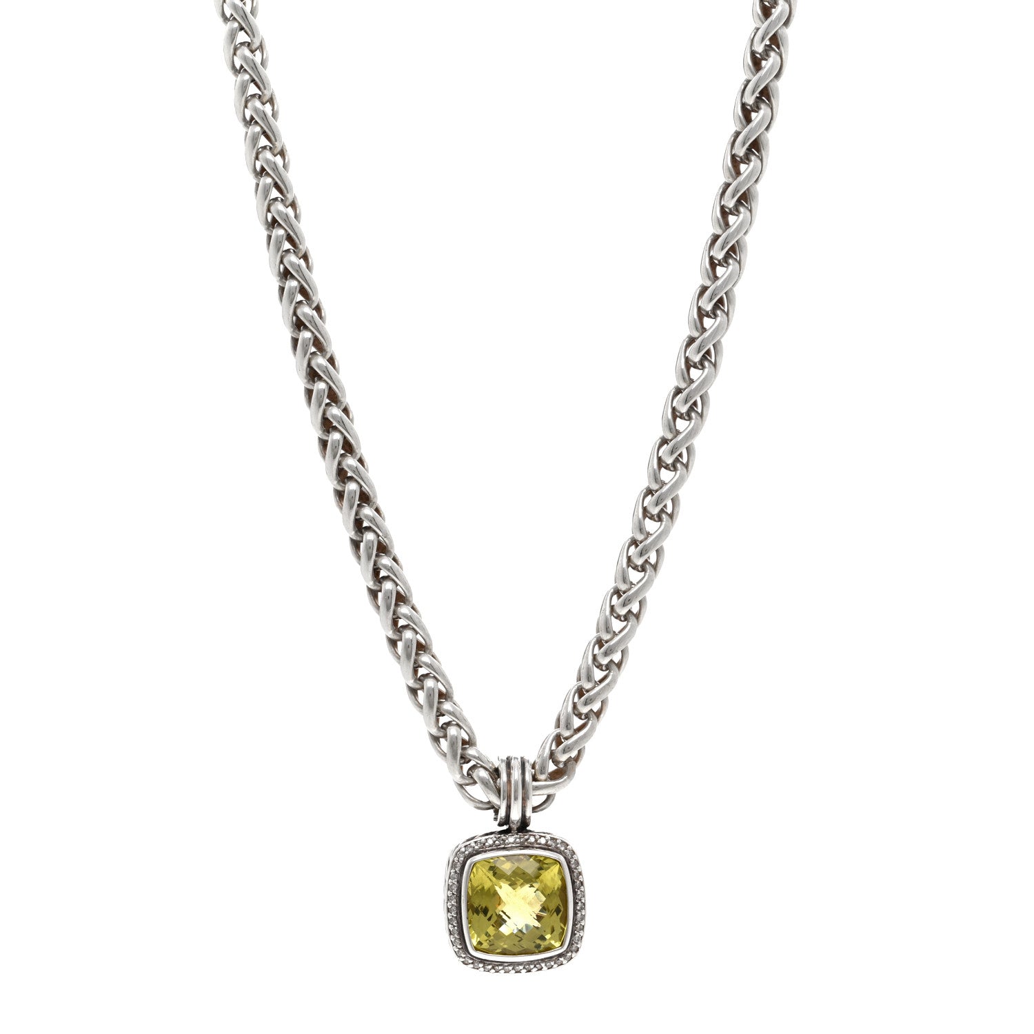 David Yurman Sterling Silver 14K Yellow Gold Diamond Lemon Citrine Albion Pendant Wheat Chain Necklace 1 of 4