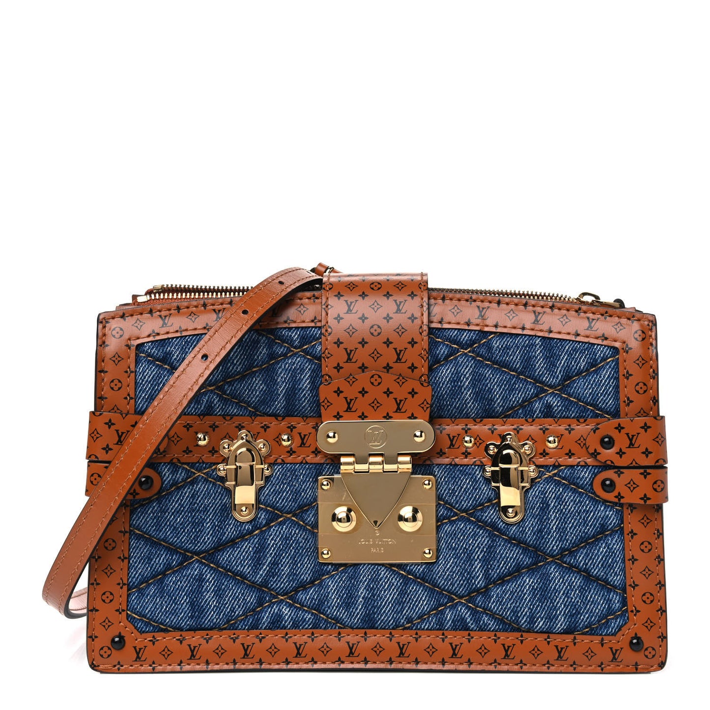 Denim Calfskin Malletage Trunk Clutch Light Blue