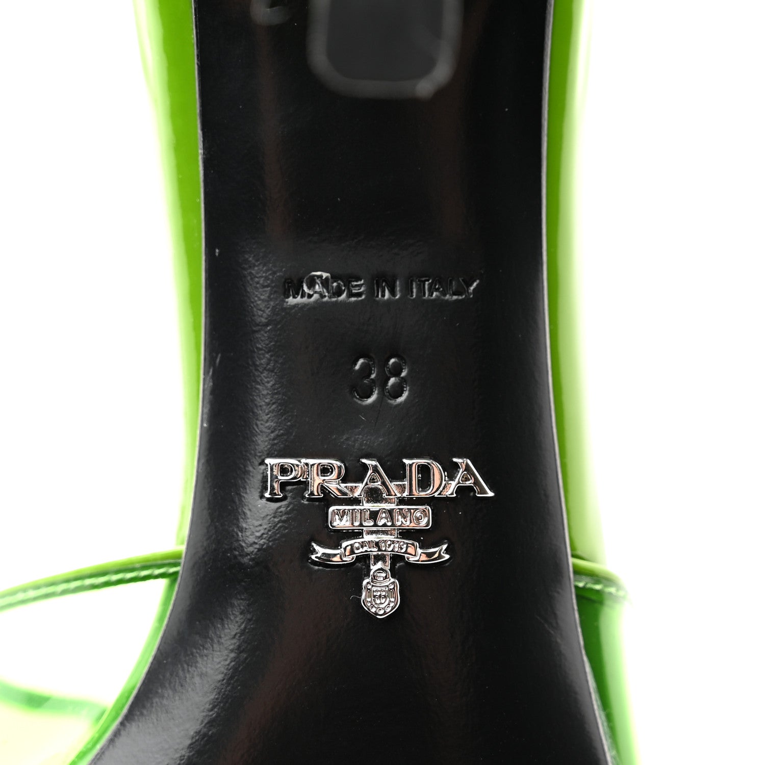 Prada Plexiglass Vernice Metal Triangle Logo 65mm Slide Sandals 38 Mela 7 of 11