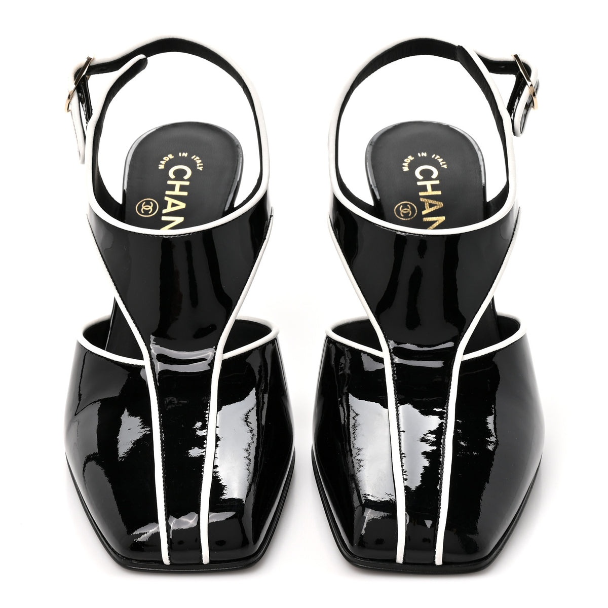 Patent Calfskin Lambskin CC Slingback Pumps 37.5 White Black