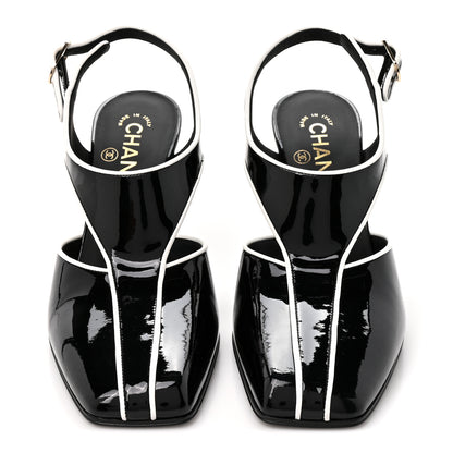Chanel Patent Calfskin Lambskin CC Slingback Pumps 37.5 White Black 3 of 9