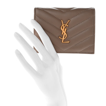 Saint Laurent Lambskin Matelasse Chevron Monochrome Monogram Flap Card Case Dusty Grey 2 of 9