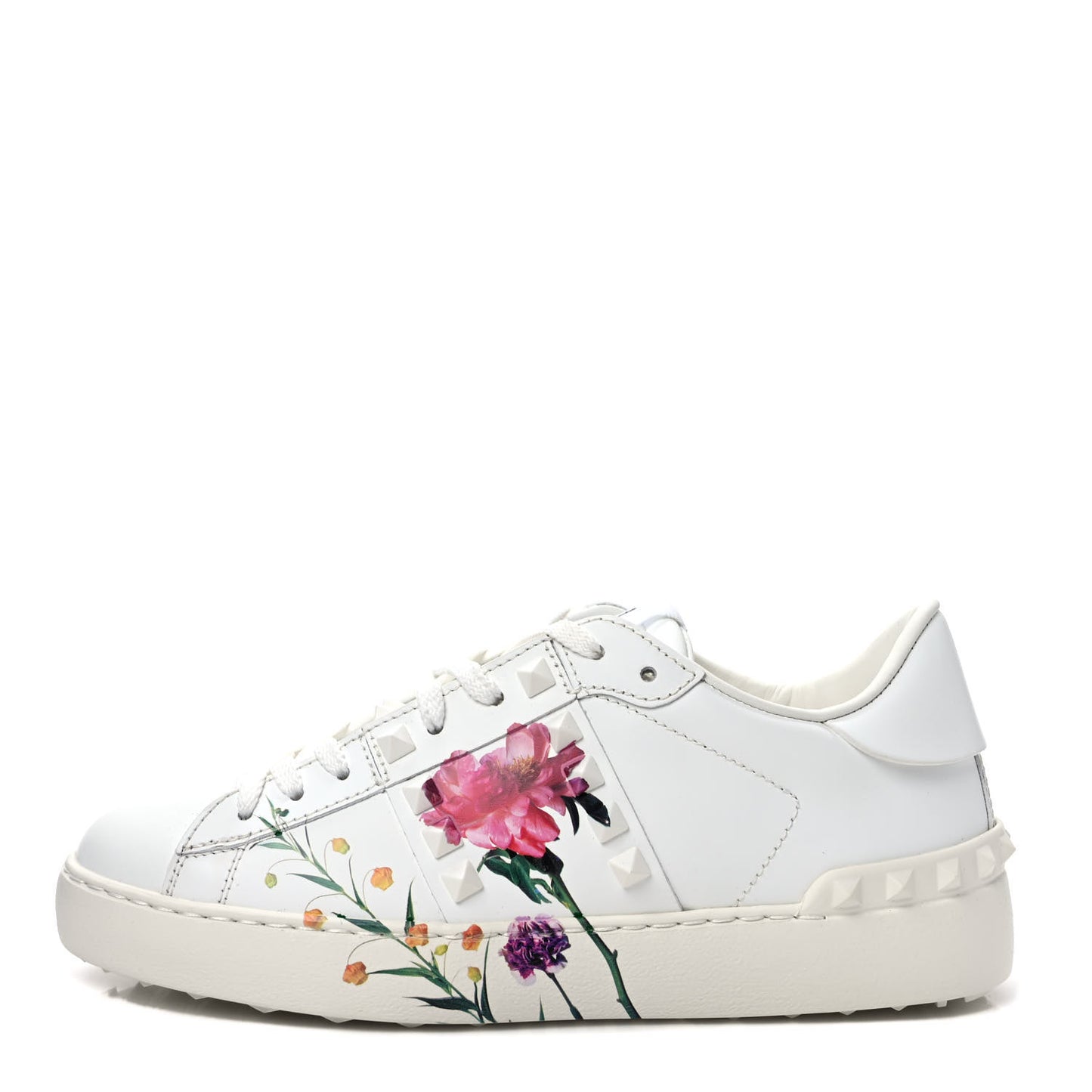Calfskin Womens Floral Print Rockstud Sneakers 35.5 White