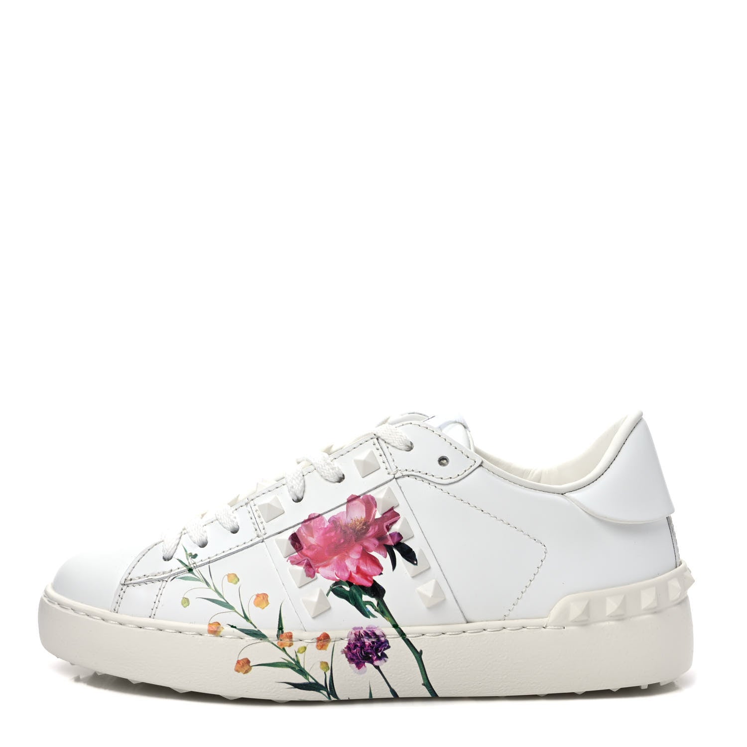 Valentino Garavani Calfskin Womens Floral Print Rockstud Sneakers 35.5 White 1 of 9