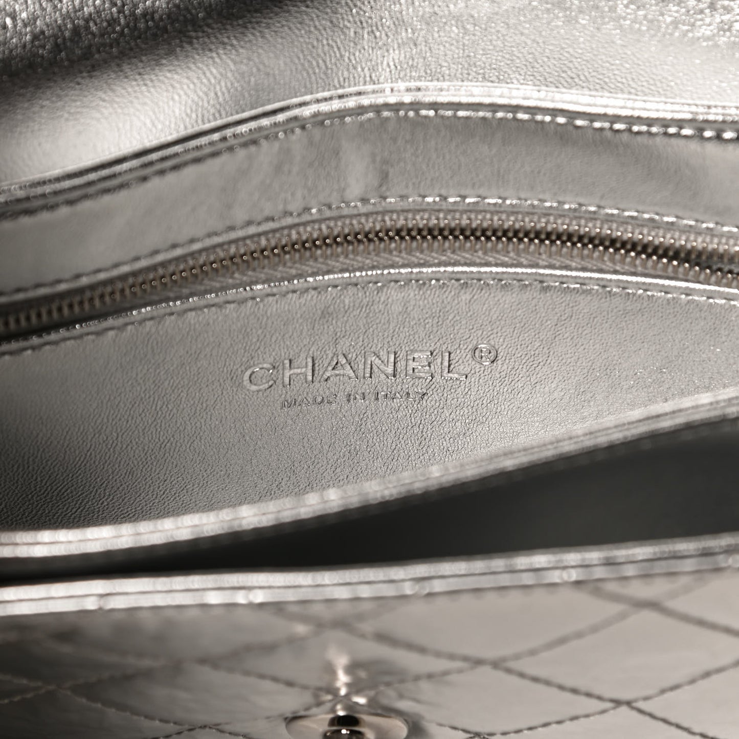 Hammered Metallic Calfskin Quilted Flap Silver