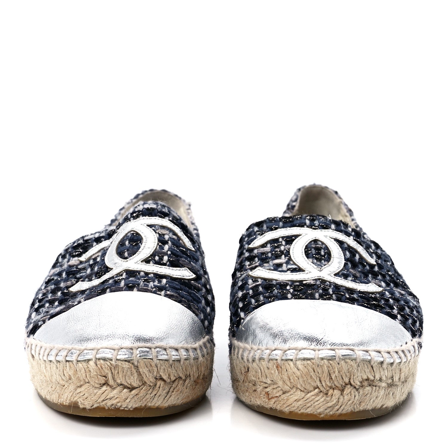 Chanel Metallic Tweed Lambskin CC Espadrilles 37 Blue Black Silver 2 of 9