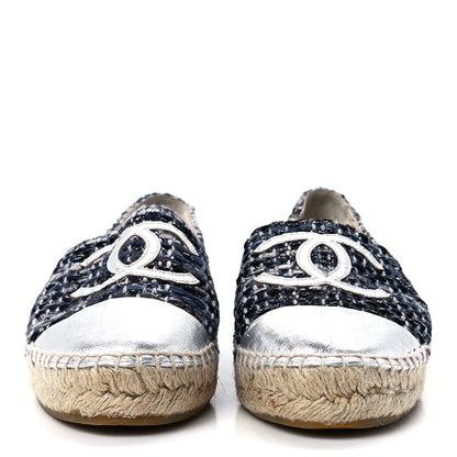 Chanel Metallic Tweed Lambskin CC Espadrilles 37 Blue Black Silver 2 of 9