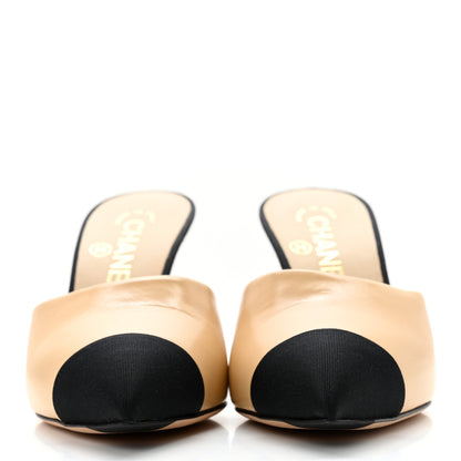 Chanel Goatskin Grosgrain Cap Toe Pearl Mule 36 Beige Black 2 of 13