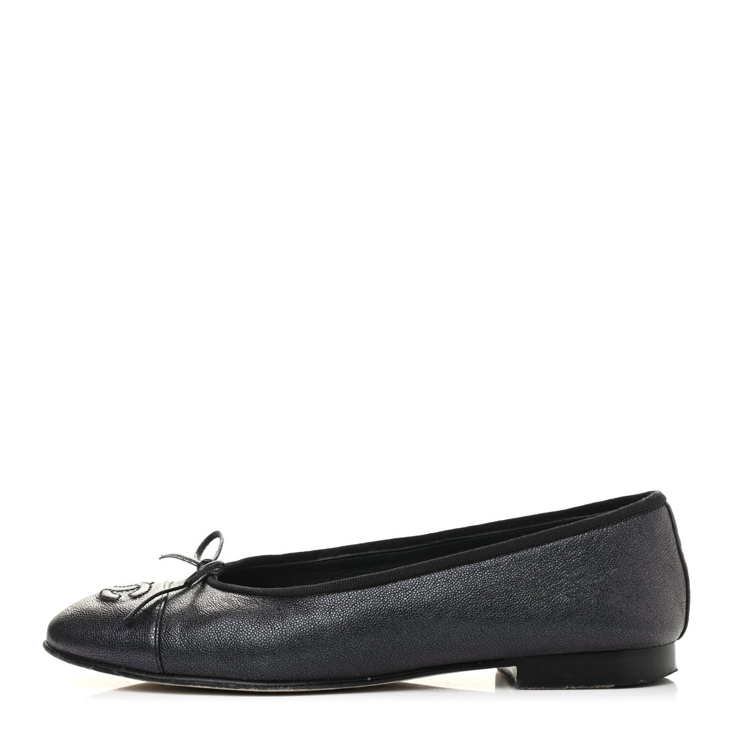 Iridescent Grained Calfskin Cap Toe Ballerina Flats 38 Black