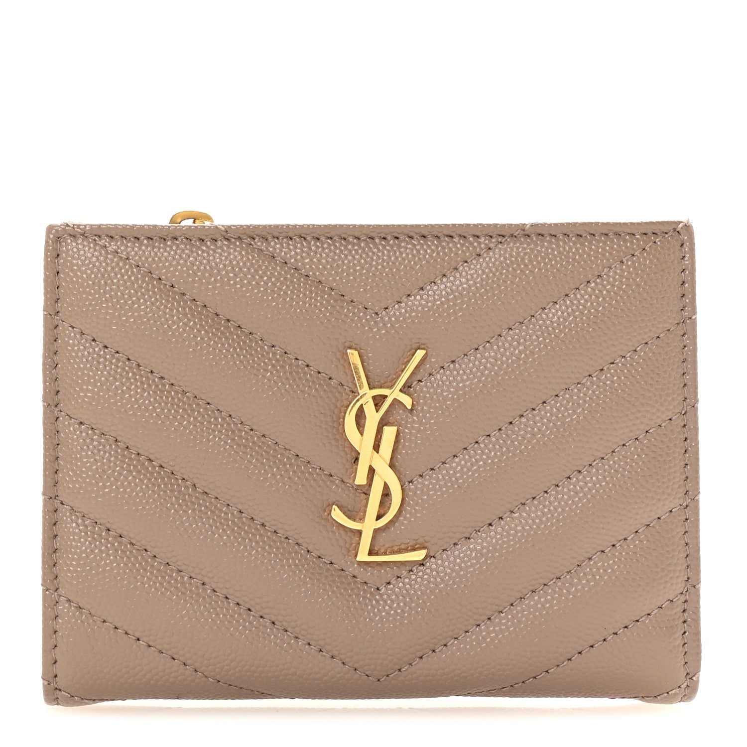 Saint Laurent Grain De Poudre Matelasse Chevron Monogram Zipped Two-Part Wallet Dark Latte 1 of 7