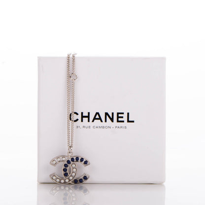 Chanel Pearl Beaded CC Necklace White Blue Silver 5 of 5