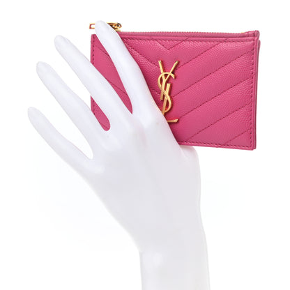 Saint Laurent Grain De Poudre Matelasse Chevron Monogram Fragments Zippered Card Case Fresh Fuxia 2 of 8