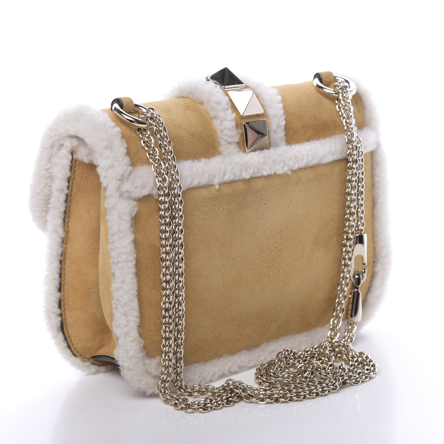 Valentino Garavani Shearling Small Glam Lock Rockstud Flap Tan 3 of 9