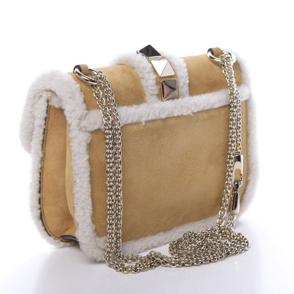 Valentino Garavani Shearling Small Glam Lock Rockstud Flap Tan 3 of 9