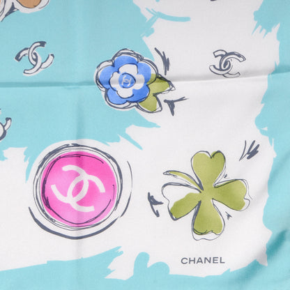 Chanel Silk CC Camellia Clover Heart Scarf Blue 3 of 5