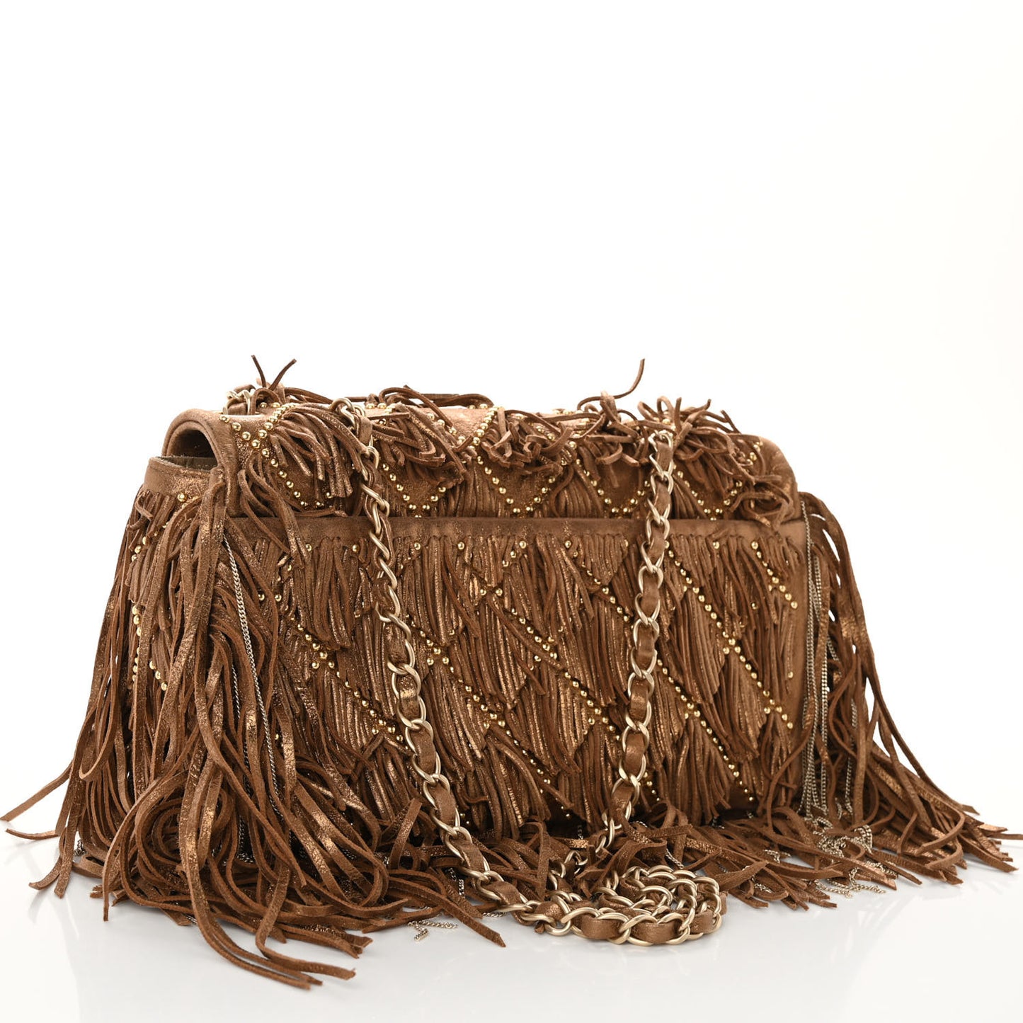 Iridescent Calfskin Quilted Studded Paris Dallas Fringe Chain Flap Bronze