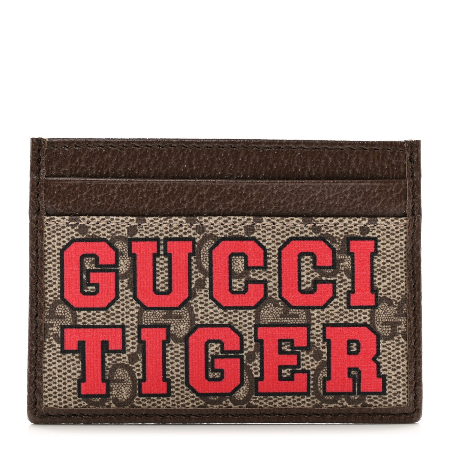 Gucci GG Supreme Monogram Textured Dollar Calfskin Web Gucci Tiger Card Holder Beige Ebony Live Red New Shamarock New Acero 1 of 8