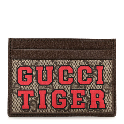 Gucci GG Supreme Monogram Textured Dollar Calfskin Web Gucci Tiger Card Holder Beige Ebony Live Red New Shamarock New Acero 1 of 8