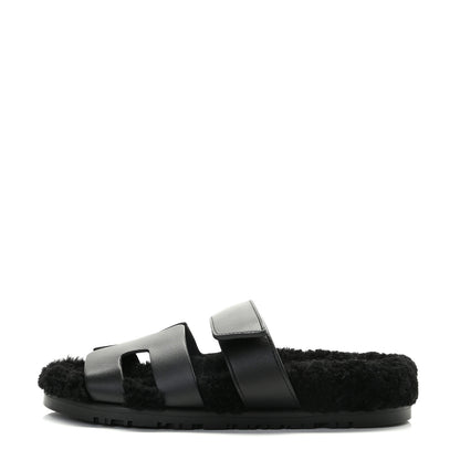 Hermes Calfskin Woolskin Womens Chypre Sandals 36 Black 1 of 12