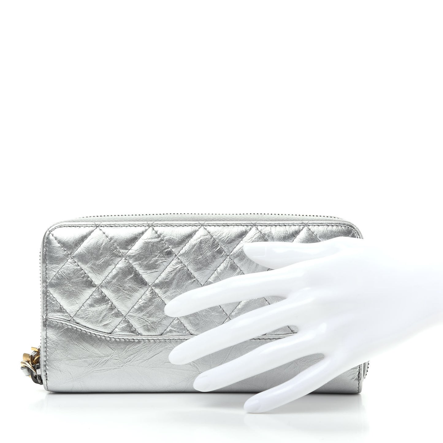 Metallic Aged Calfskin Quilted Large Gabrielle Zip Around Wallet Silver