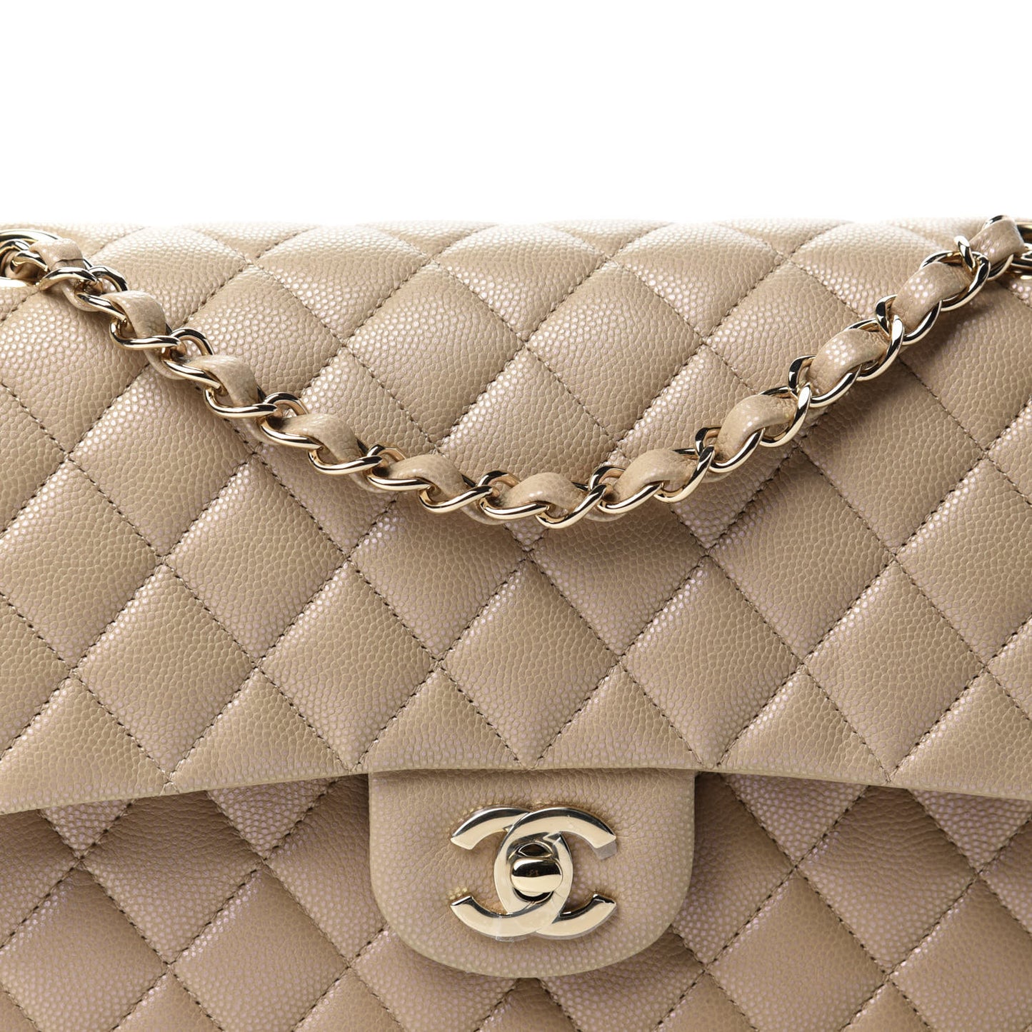 Iridescent Caviar Quilted Medium Double Flap Dark Beige