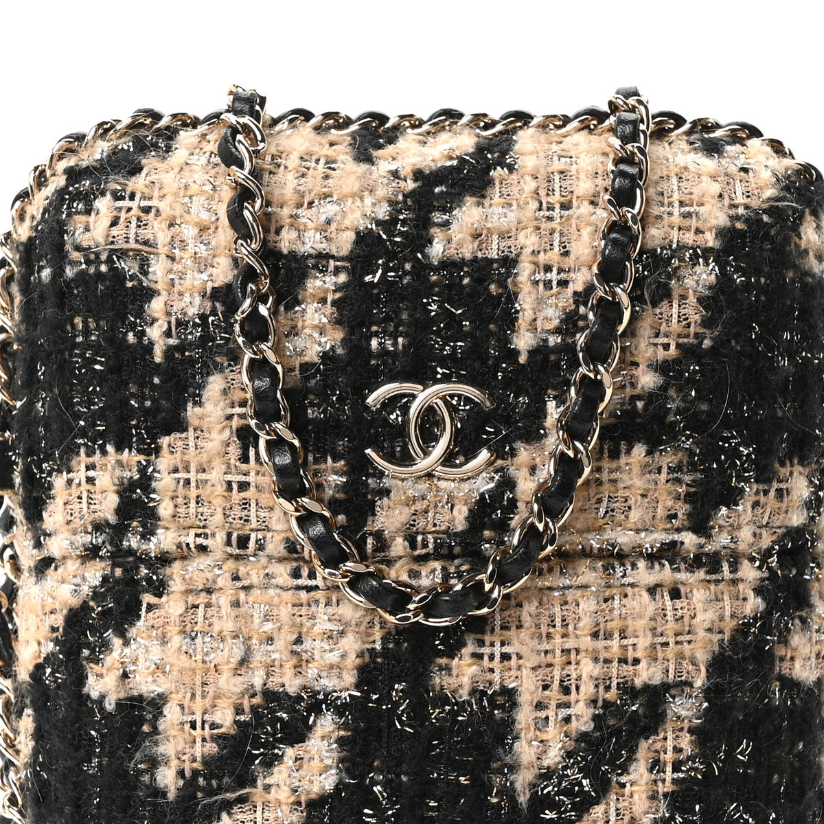 Tweed Chain Around Phone Holder Beige Black