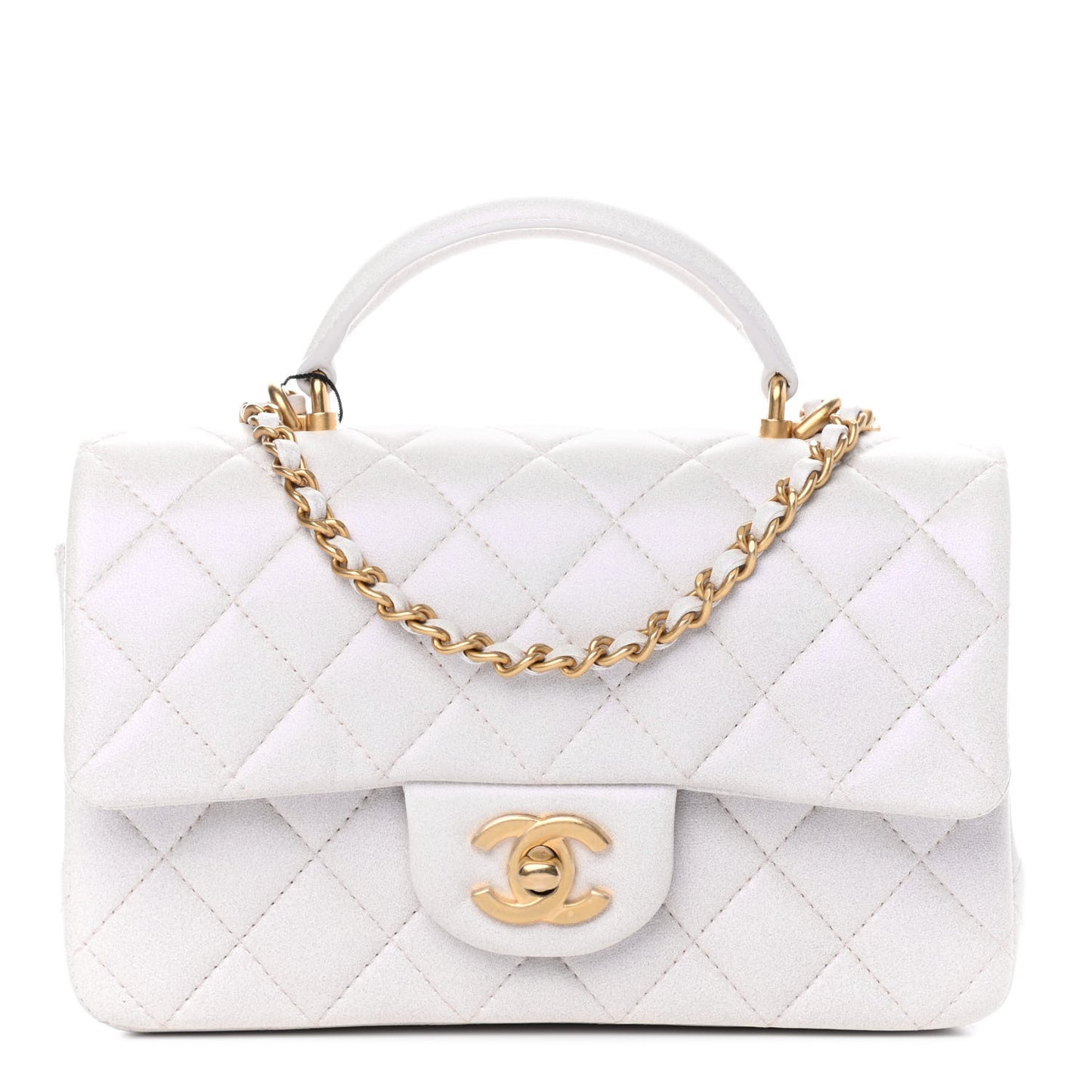Iridescent Lambskin Quilted Mini Top Handle Rectangular Flap White