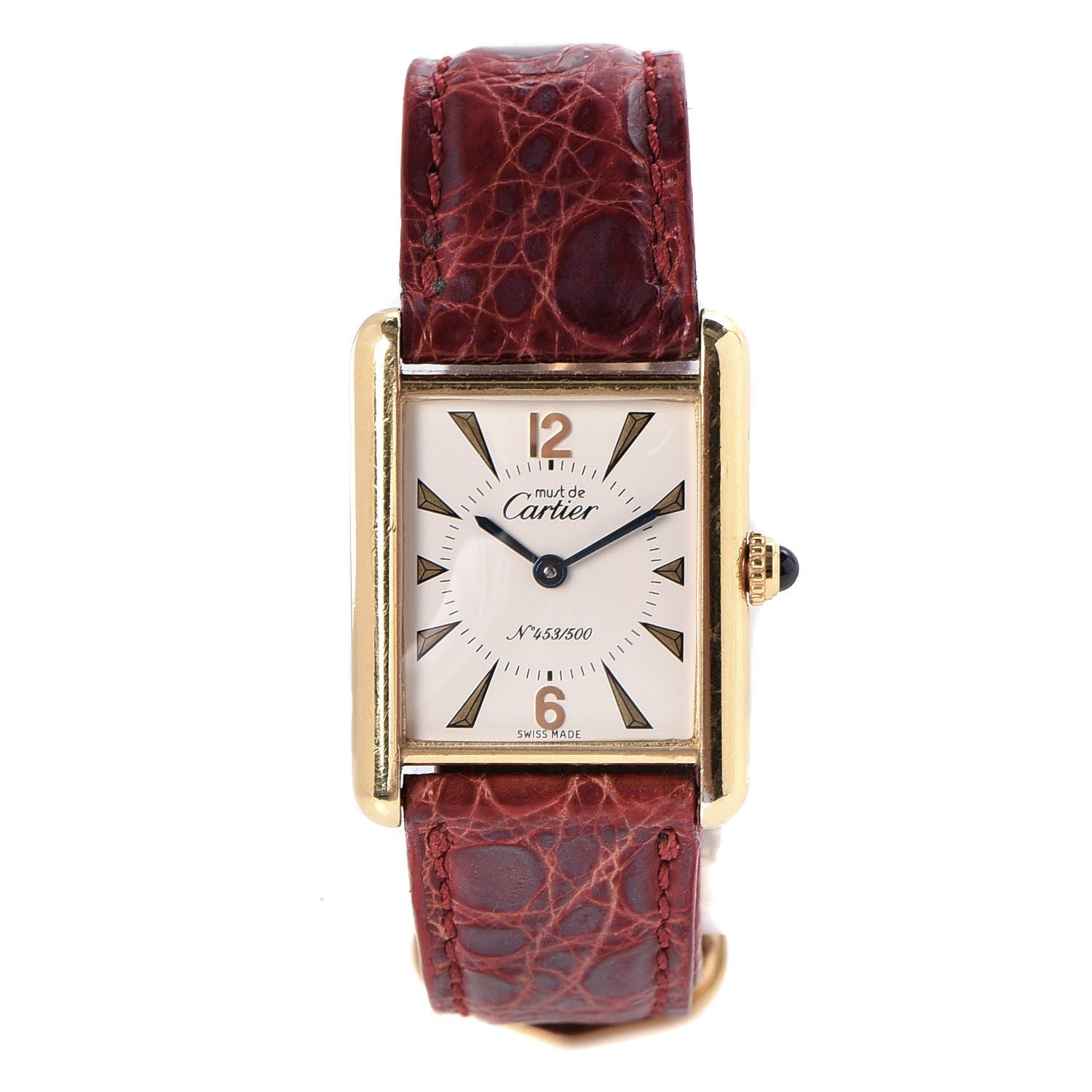 Cartier Sterling Silver Vermeil Alligator 23mm Must de Cartier Tank Quartz Watch Red 1 of 9