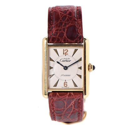 Cartier Sterling Silver Vermeil Alligator 23mm Must de Cartier Tank Quartz Watch Red 1 of 9