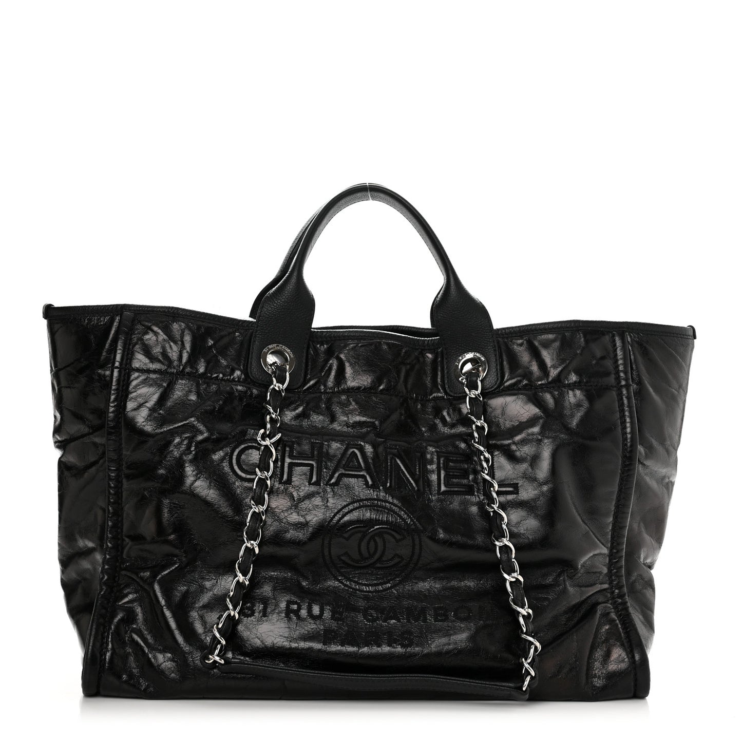 Glazed Calfskin Medium Deauville Tote Black