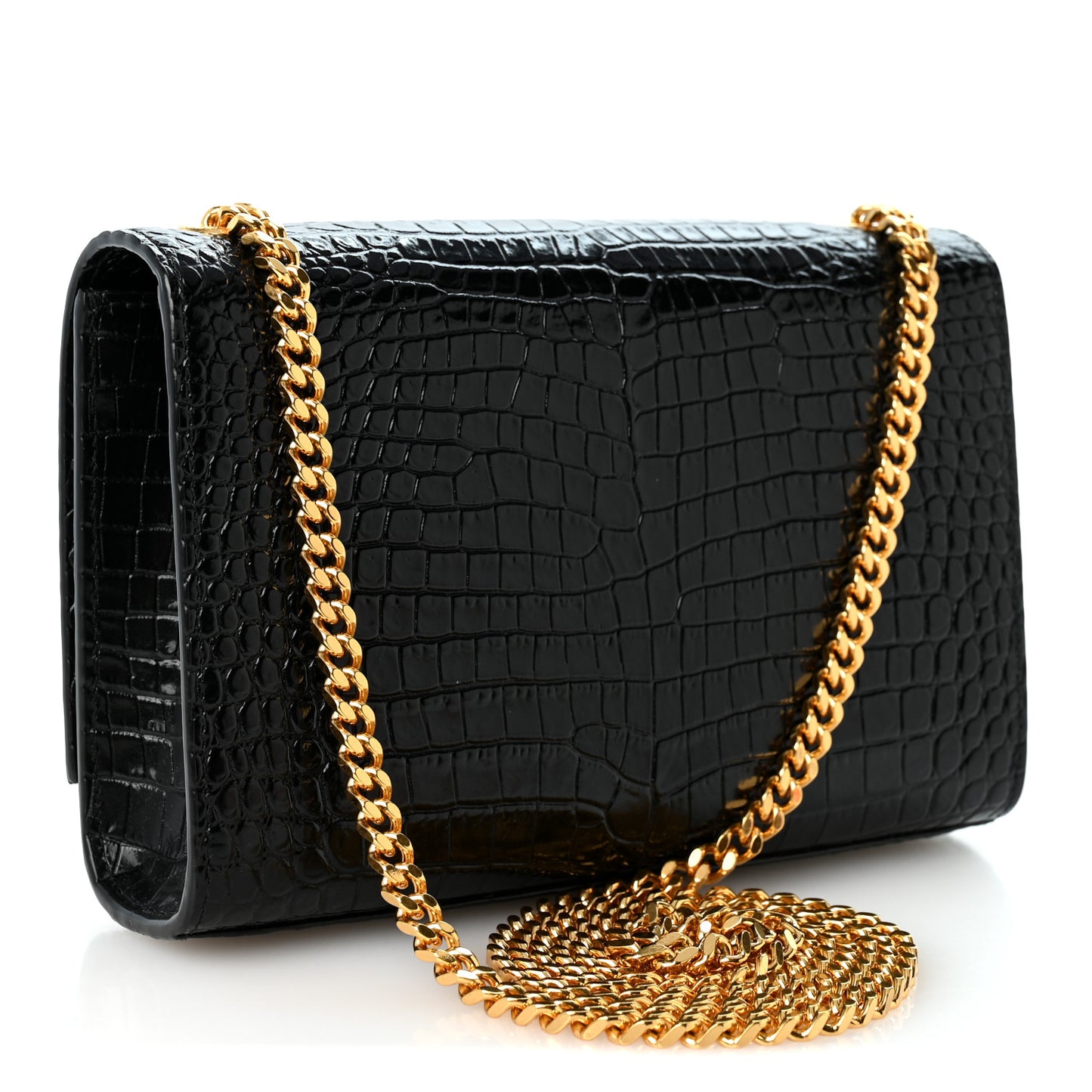 Calfskin Crocodile Embossed Small Classic Monogram Kate Tassel Satchel Black