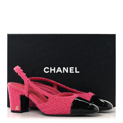 Chanel Tweed Patent Cap Toe CC Slingback Pumps 36.5 Pink Black 10 of 10