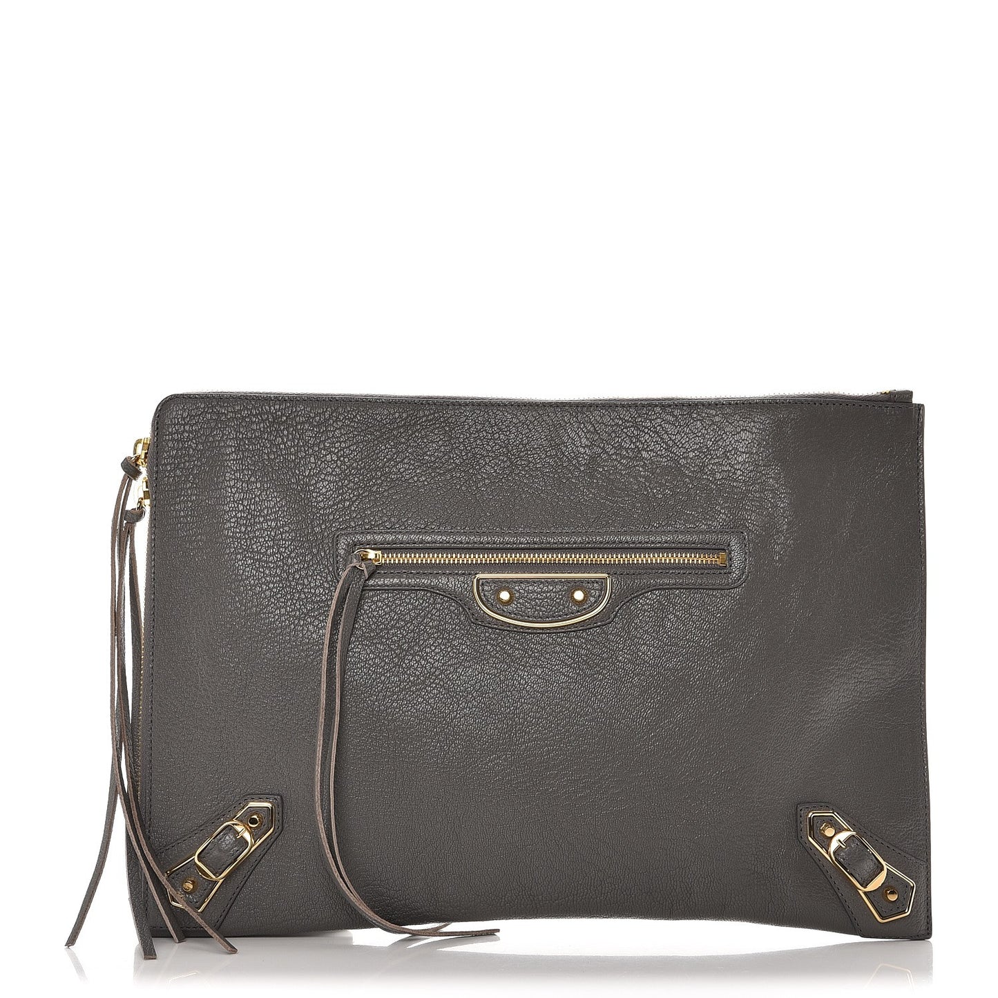 Chevre Gold Metallic Edge Hardware Pouch Gris Acier