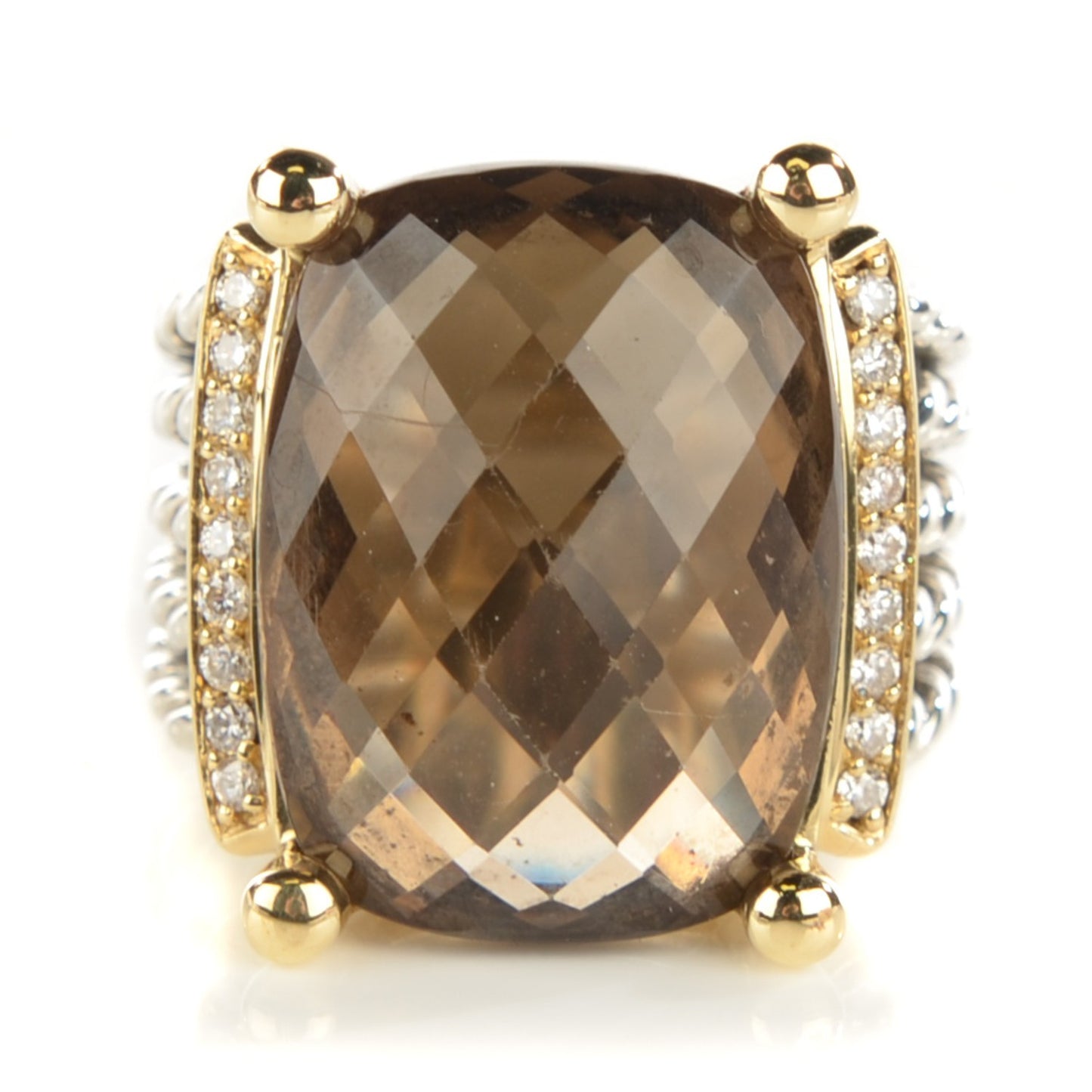 Sterling Silver 18K Yellow Gold Diamond 20mm Smoky Quartz Wheaton Ring 51 5.75