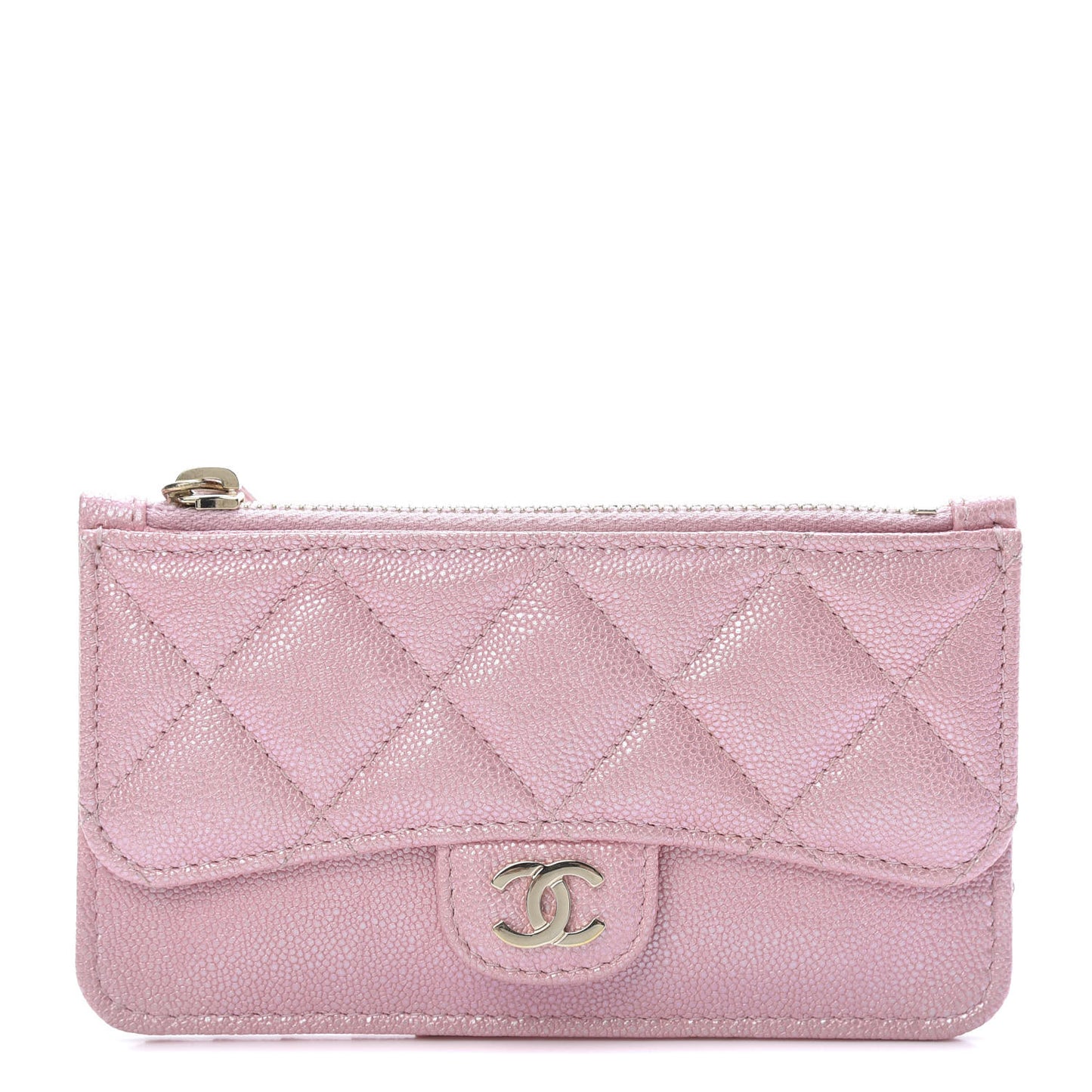 Iridescent Caviar Quilted Flap Zip Card Holder Pink