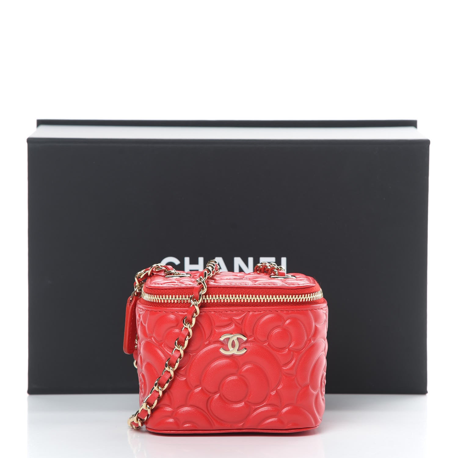 Chanel Lambskin Camellia Embossed Mini Vanity Case With Chain Red 12 of 12