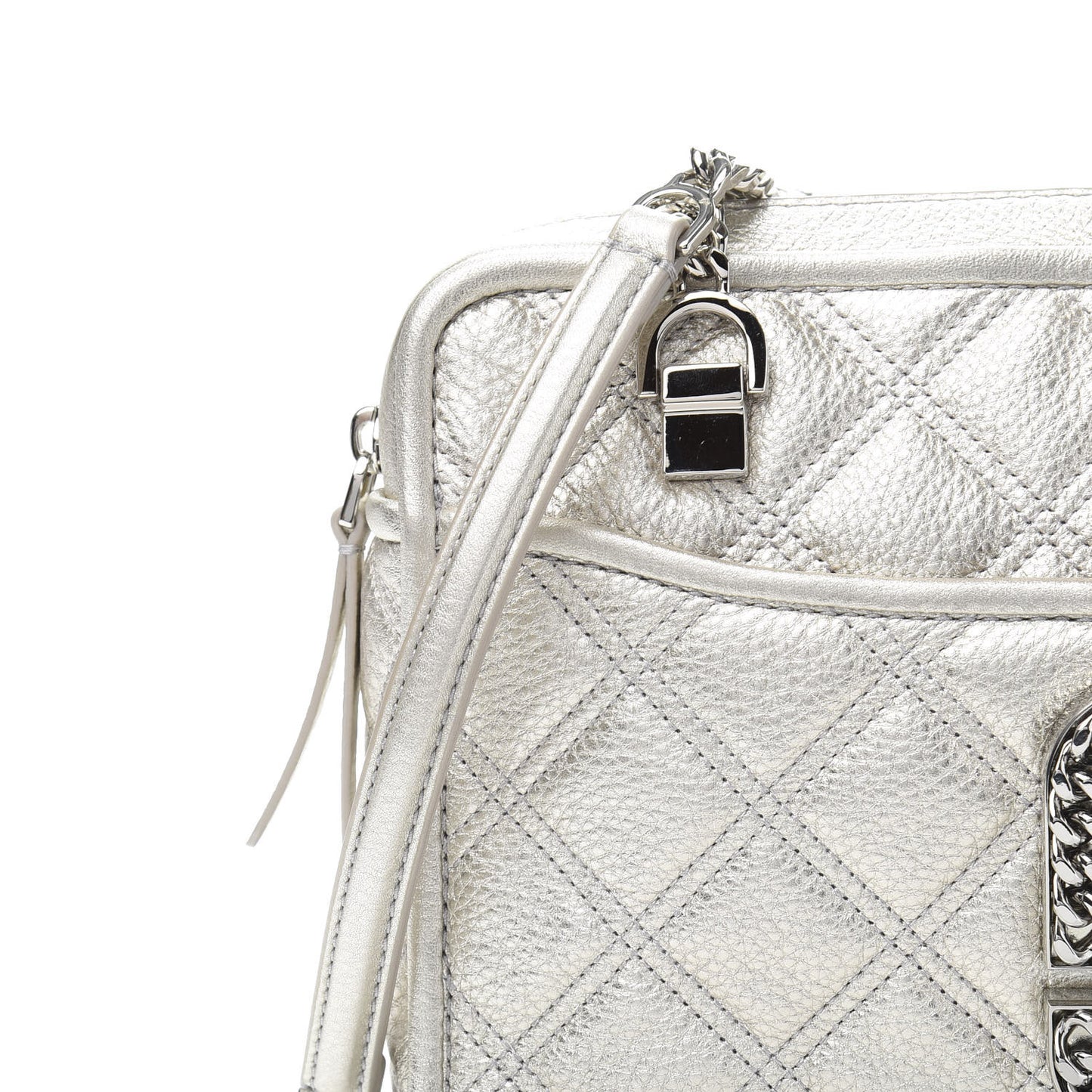 Metallic Grained Calfskin Quilted Double Stitched The Status Shoulder Bag Silver