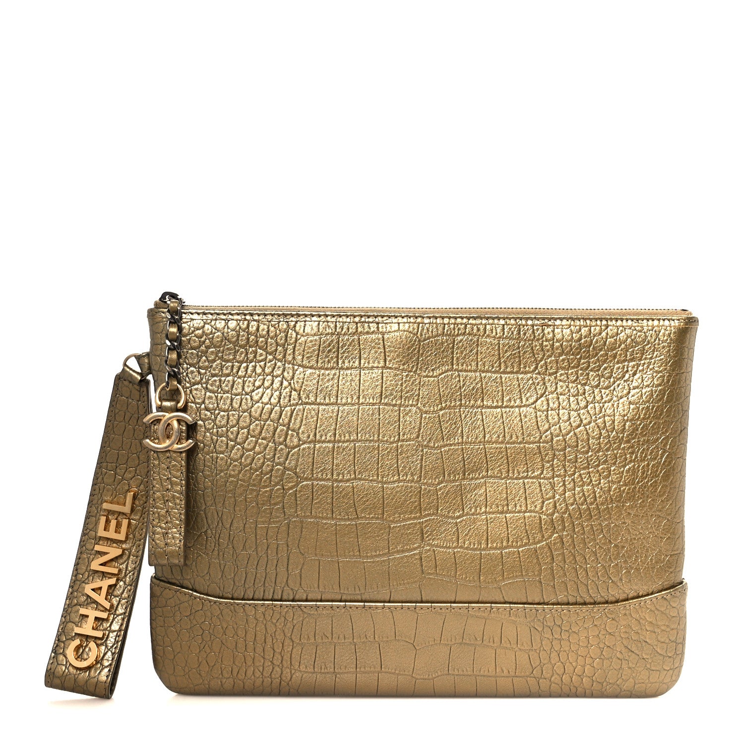 Chanel Metallic Calfskin Crocodile Embossed Medium Gabrielle Cosmetic Case Gold 1 of 8