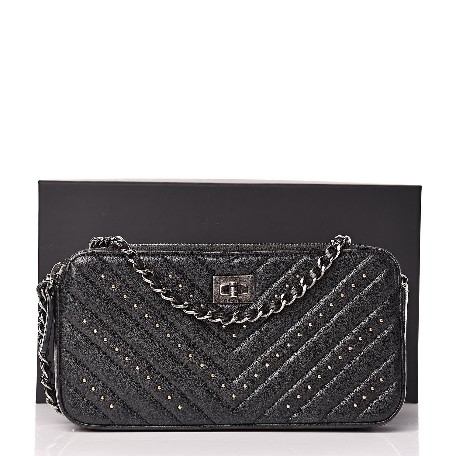 Chanel Sheepskin Chevron Quilted Studded Reissue Small Clutch With Chain Black 13 of 13
