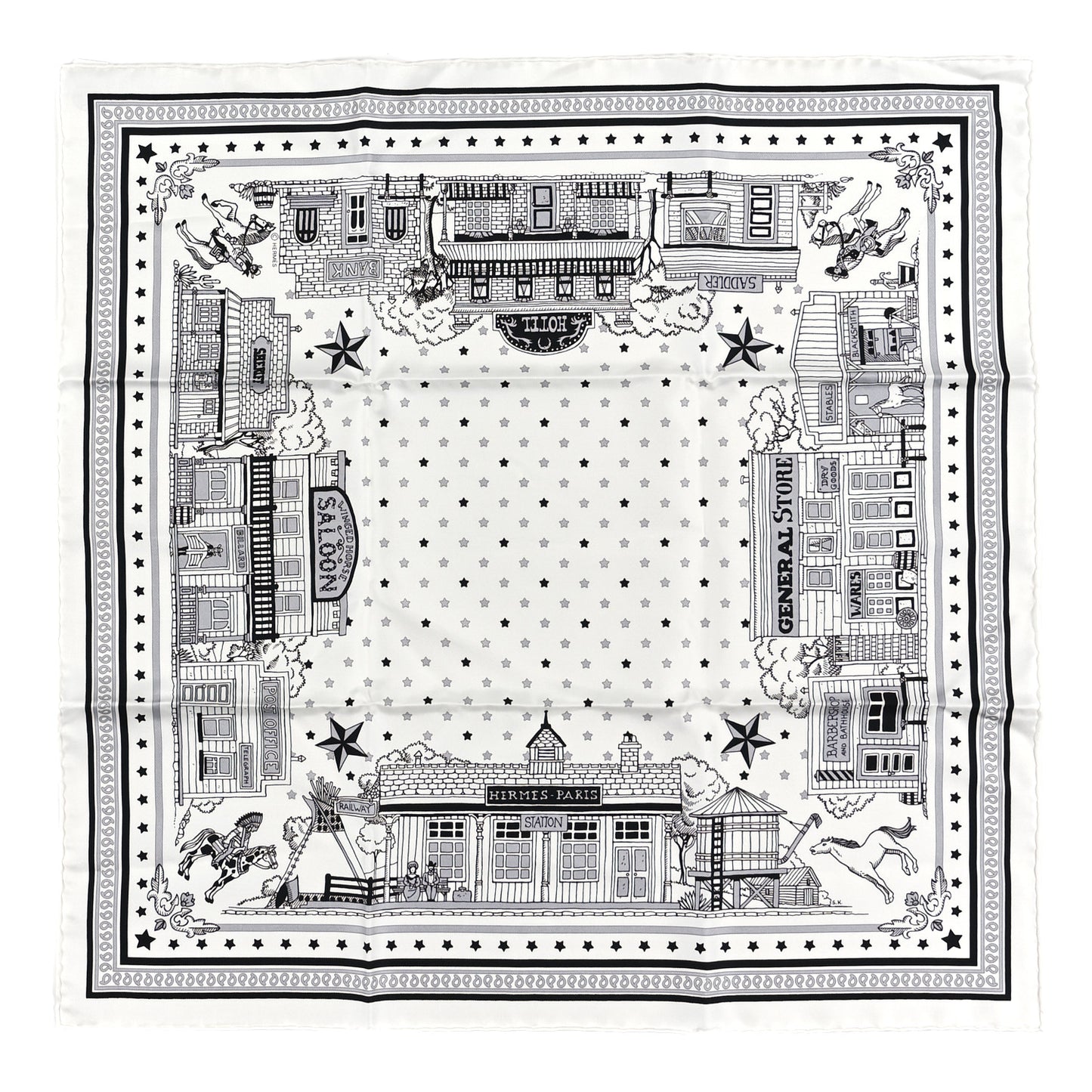 Silk Paris Station Bandana Scarf 55 White Gris Black