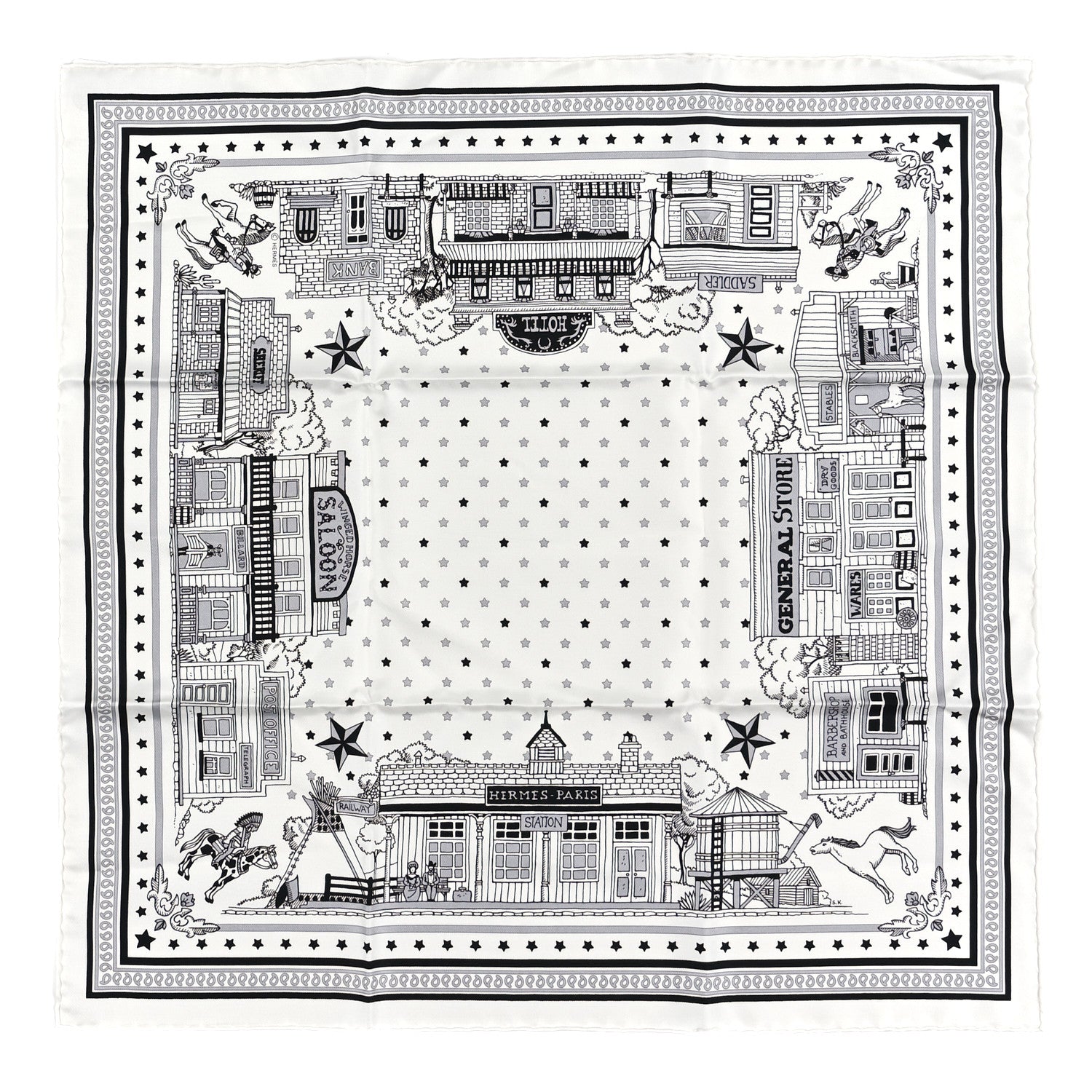 Hermes Silk Paris Station Bandana Scarf 55 White Gris Black 1 of 4