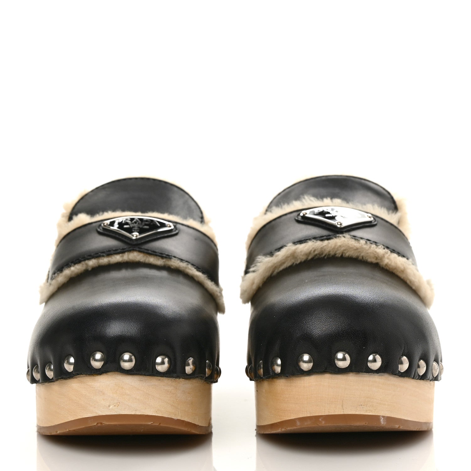 Prada Natural Calfskin Shearling Metal Triangle Logo 45mm Clogs 40 Black Sabbia 2 of 10