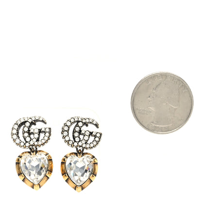 Gucci Metal Crystal Garden Heart Double G Drop Earrings Aged Gold 2 of 6