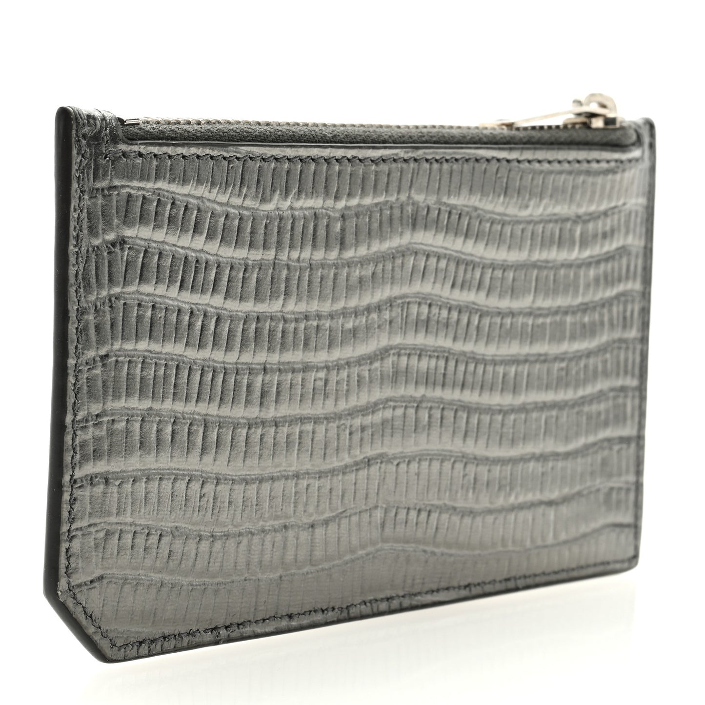 Calfskin Lizard Embossed 5 Fragments Zip Pouch Card Holder Graphite
