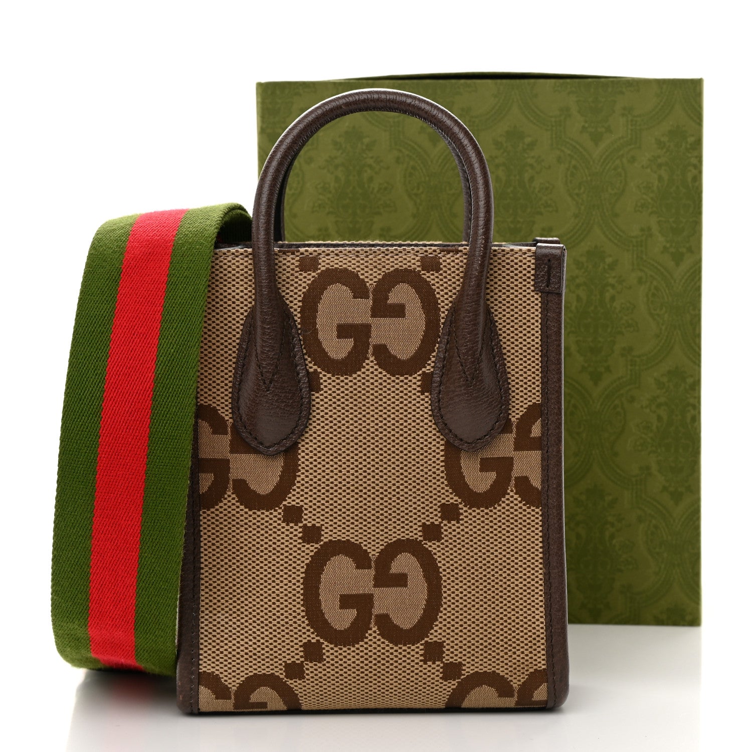 Gucci Monogram Jumbo GG Textured Dollar Calfskin Web Mini Vertical Tote Camel Ebony New Acero 14 of 14