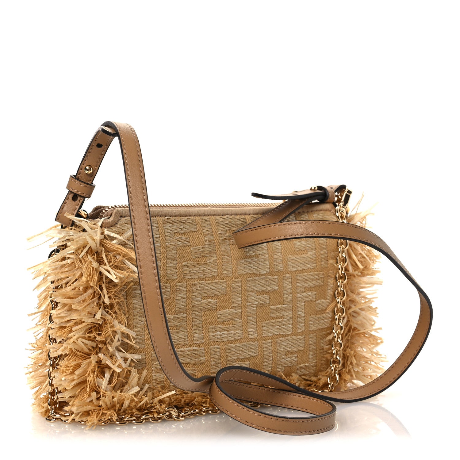 Fendi Raffia Fringe FF Embroidered Baguette Pouch Natural Dark