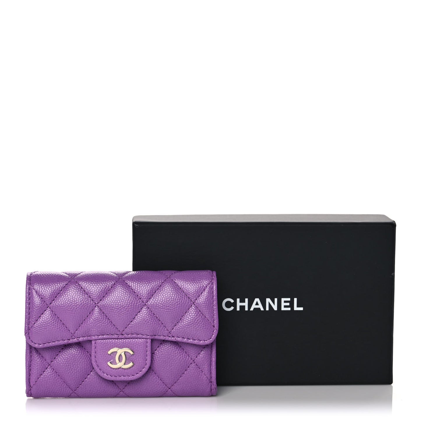 Caviar Quilted Flap Card Holder Wallet Purple