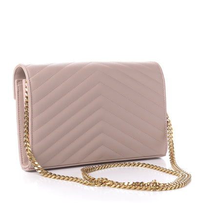 Saint Laurent Grain De Poudre Matelasse Chevron Monogram Chain Wallet Rose Antic 3 of 9